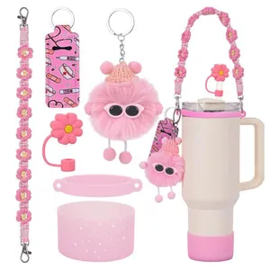 Large Capacity Tumbler Accessories Kit For Water Bottle Including Silicone Cup Boot Straw Cover Flower Woven Strap Plush Monster Charm Pouch Set