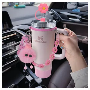 Pink stainless steel tumbler set with straw cover and charms for 40oz Stanley cup