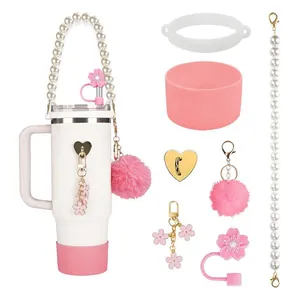 Tumbler Accessories For Large Cup With Silicone Straw Cover Protective Boot Artificial Pearl Handle Chain Heart Charms Flower Decoration