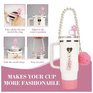 Pink sakura straw cover and pearl handle accessories set for stainless steel tumblers
