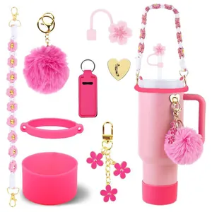 Pink Sakura Theme Stanley Cup Accessories Set Including Silicone Boot Straw Cover Pom Pom Keychain Flower Pattern Shoulder Strap For Large Tumbler