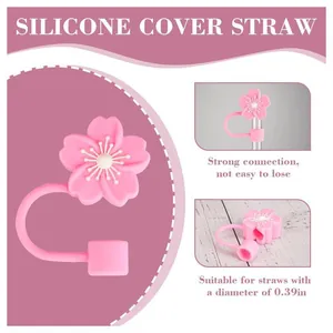 Pink cherry blossom silicone straw cover for water bottles with 0.39in diameter