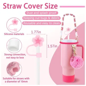 Pink cherry blossom silicone straw cover cap accessory for 10mm tumbler straws