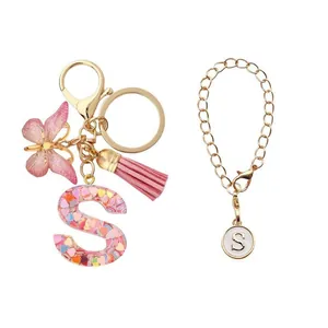 Porte-clés Lettre en Résine Rose Avec Paillettes Cœur Papillon Gland Pendentif Initiale en Métal Doré Bijoux Cadeau Pour Femme