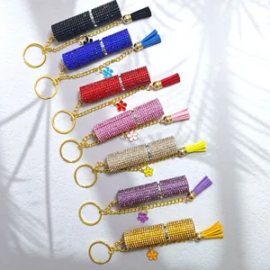 Luxury Rhinestone Lipstick Shaped Keychain With Tassel Flower Charm Sparkly Refillable Perfume Bottle Pendant For Women Bag Decor