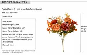 Especificaciones de tamaño para ramo de peonías artificiales de 33cm con flores de 6cm de ancho