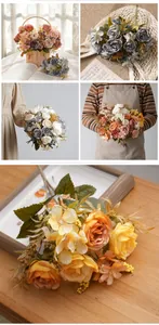 Detalle de ramo vintage de peonías y rosas artificiales en varios tonos pastel