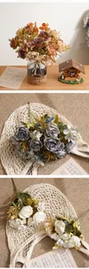 Peonías y rosas de seda vintage en jarrón de cristal con bolsa de red para decorar