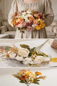 Detalle del ramo de peonías de seda vintage con rosas champán y bayas decorativas