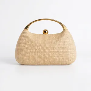 Woven Evening Bag Women Straw Clutch Gold Ring Metal Handle Party Wedding Handbag With Detachable Chain Strap