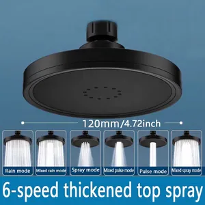 Detail of 4.72-inch matte black shower head showing 6 adjustable spray modes