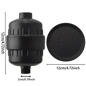 Technical dimensions for matte black shower head and filter showing 12cm diameter and 2cm port