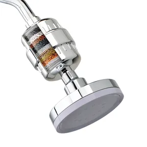Polished chrome high pressure shower head with a visible 15-stage multi-layer filter system