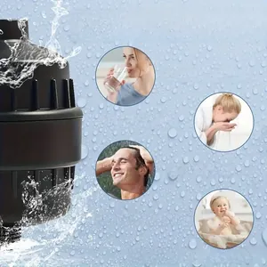Detail view of matte black shower water filter showing multi-layer water purification process