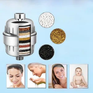 Detailed cross-section of shower filter with KDF-55 and activated carbon layers