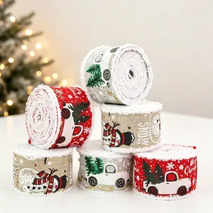 Christmas snowman and vintage truck ribbons set with white fuzzy wired edges for gift wrapping