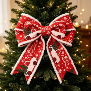 Christmas bow topper with Merry Christmas print and white fleece border for trees