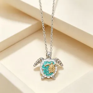 Sea Turtle Mother And Child Pendant Necklace Alloy Blue White Rhinestone Encrusted Marine Animal Jewelry For Women