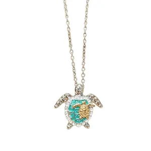 Fashionable sea turtle pendant necklace with mother and child turtle design in green