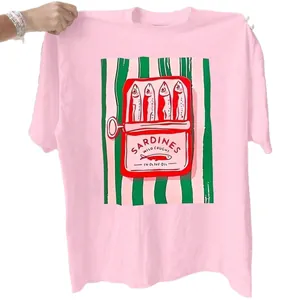 Pink crew neck t-shirt featuring a vintage sardine tin print and wild caught graphic