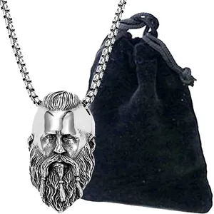 Detail of vintage Viking Odin pendant necklace with antique finish and velvet pouch
