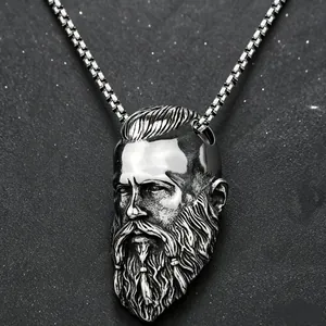 Stainless Steel Viking Warrior Portrait Pendant Necklace Men Hip Hop Punk Gothic Nordic Odin Jewelry Retro Silver Gold