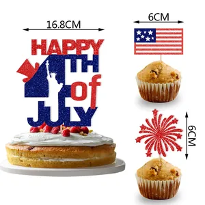 Glittery Happy 4th of July cake topper set with Statue of Liberty and US flag designs