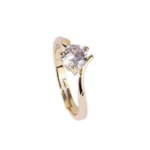 Exquisite gold-plated adjustable ring with a brilliant round-cut solitaire zircon setting