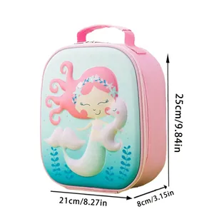 Pink cartoon unicorn mermaid lunch bag for kids with dimensions 25x21x8cm shown on white background