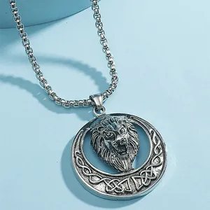 Collier Pendentif Tête de Lion Hip Hop Vintage Punk Nœud Celtique Rond Animal Relief Alliage Bijoux pour Hommes Street Style