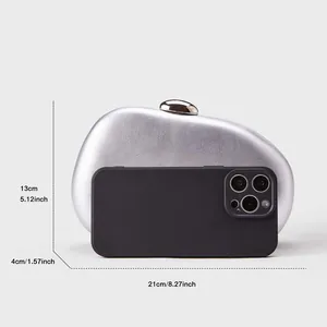 Vue détaillée de la pochette de soirée argentée avec dimensions et échelle de taille