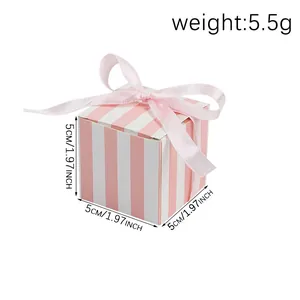 Pink and white striped square gift box with satin ribbon bow, size 5x5x5cm