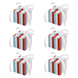 Striped gift box set with white satin ribbons for wedding favors and party candy storage