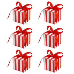 Set of 6 red and white striped gift boxes with red satin ribbons for wedding party favors