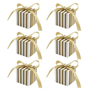 Gold striped wedding favor boxes with satin bows, 6-pack elegant gift packaging set