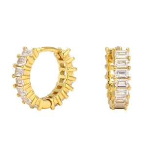S925 sterling silver gold hoop earrings with baguette-cut zircon stones in a luxury style
