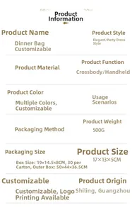 Detailed size and material specification chart for acrylic evening clutch and crossbody bag