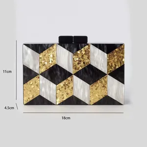 Macro detail of acrylic clutch bag with geometric pattern showing 18x11x4.5cm dimensions