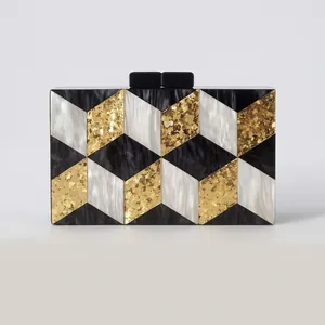 Acryl Patchwork Abendtasche Clutch Geometrisches 3D Design Marmor Textur Schicke Party Handtasche Mit Goldener Kette Für Damen