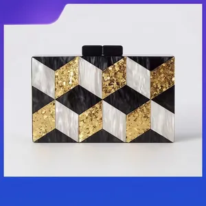 Acrylic Patchwork Evening Clutch Bag Geometric 3D Design Marble Texture Chic Party Handbag With Gold Chain Strap For Women