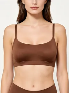 Detailed view of seamless brown wire-free bra with stretch fabric and scoop neckline