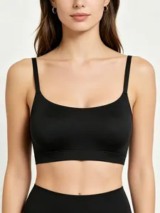 Close-up of black seamless wire-free bra with wide elastic support band on model
