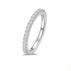 Elegant S925 sterling silver eternity band with moissanite stones from a 45-degree angle