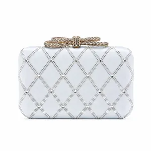 Elegant rhinestone evening clutch bag with gold bow clasp and diamond quilted pattern