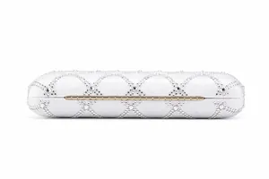 Detail of white satin evening clutch with rhinestone lattice and gold metal frame
