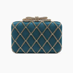 Elegant Women Satin Evening Clutch Bag Rhinestone Diamond Lattice Bowknot Hard Shell Purse For Wedding Party Banquet