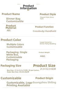 Detailed specifications for the lip-shaped clutch showing 21.5x12.5x6cm size and ABS material