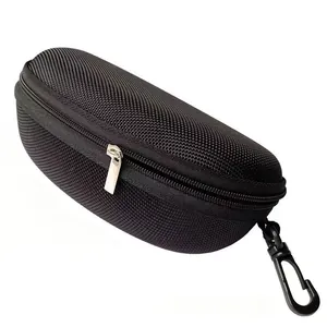 Semi-hard black nylon sunglasses case with smooth zipper and portable plastic hook