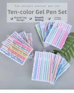 Close-up of ten-color gel pen set in a transparent box with minimalist round caps