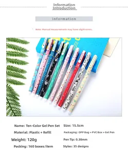 Detailed view of 10-color 0.38mm gel pen set showing 15.5cm length on a blue notebook